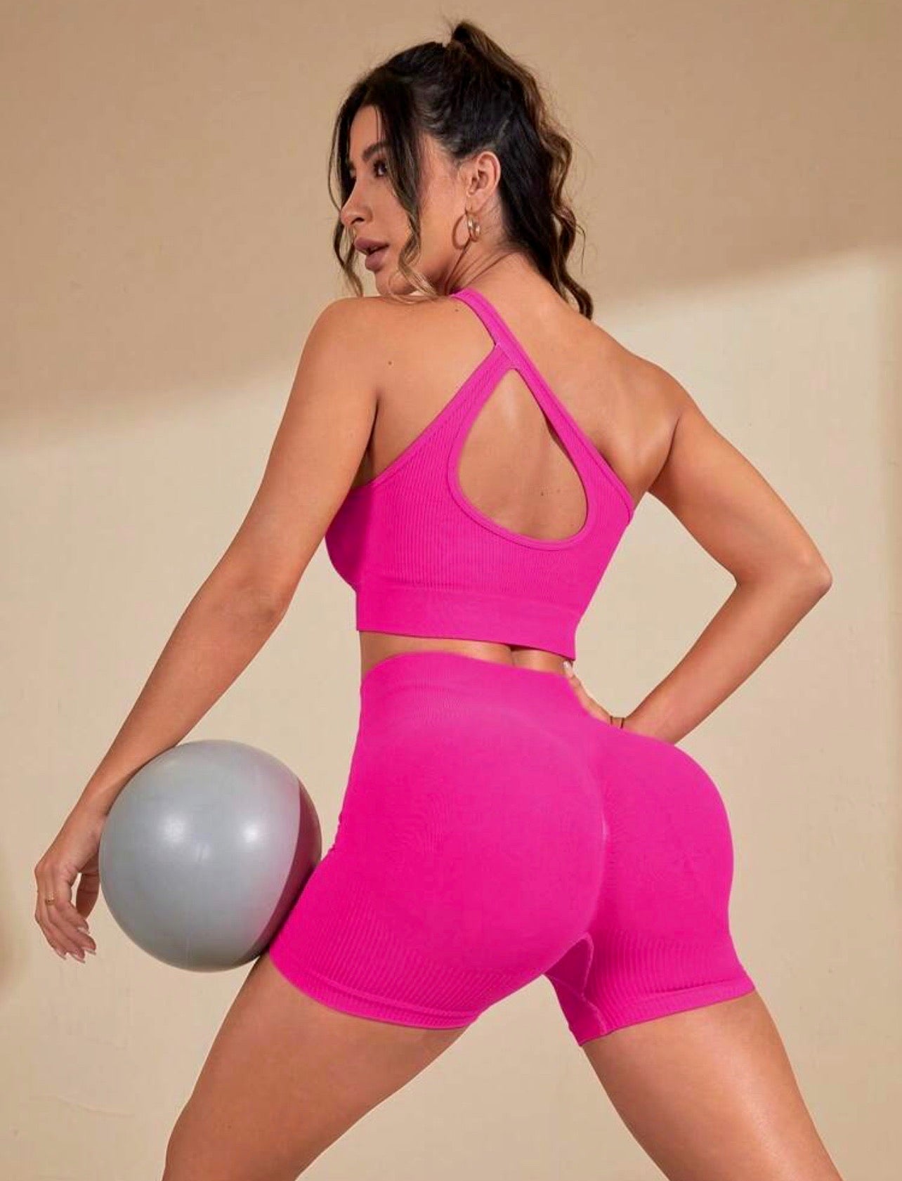 Candie One Shoulder Cut Out Sports Co-ord x Hot Pink