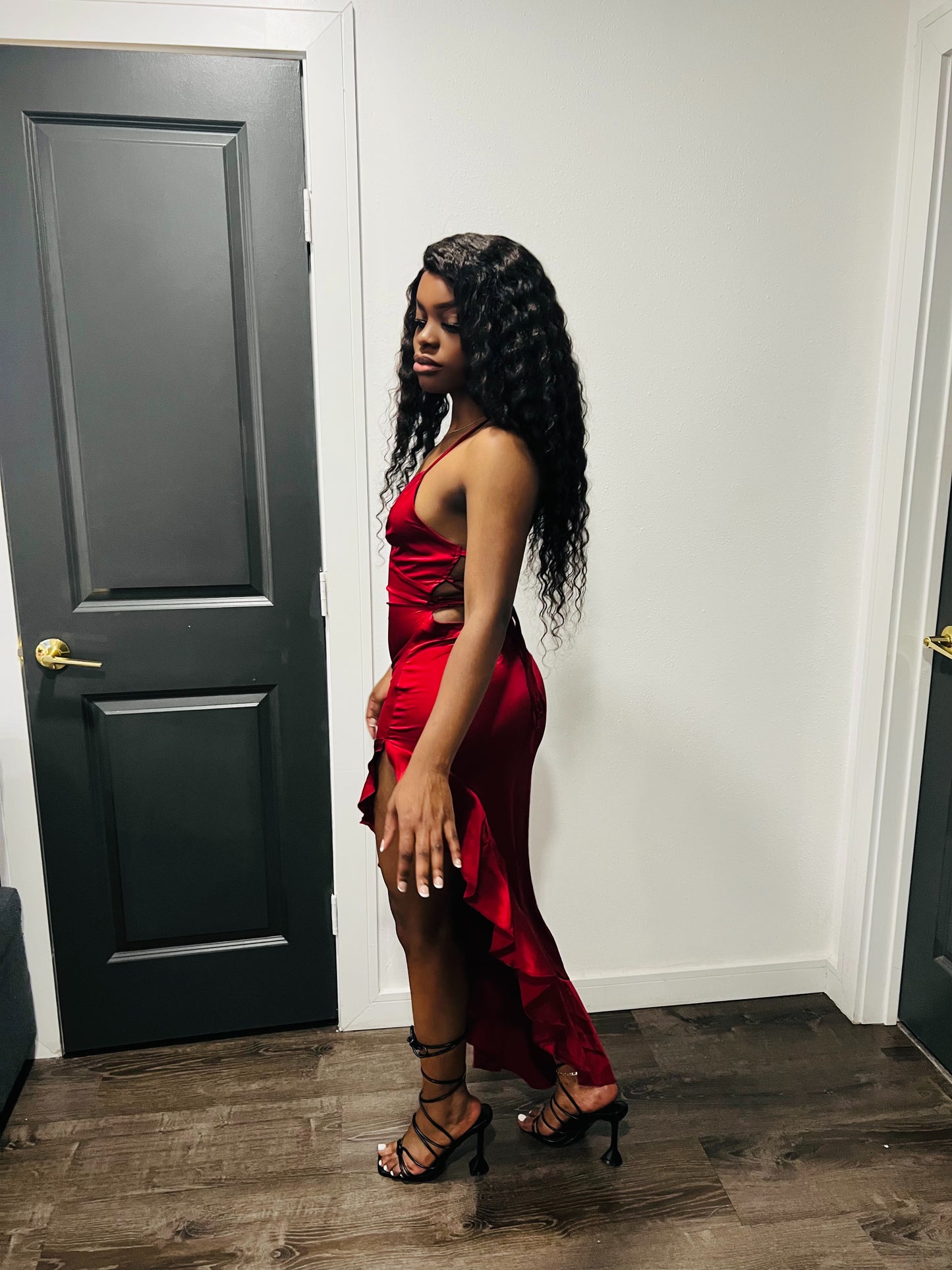 Rosalinda Halter Ruffled Hem Gown x Red