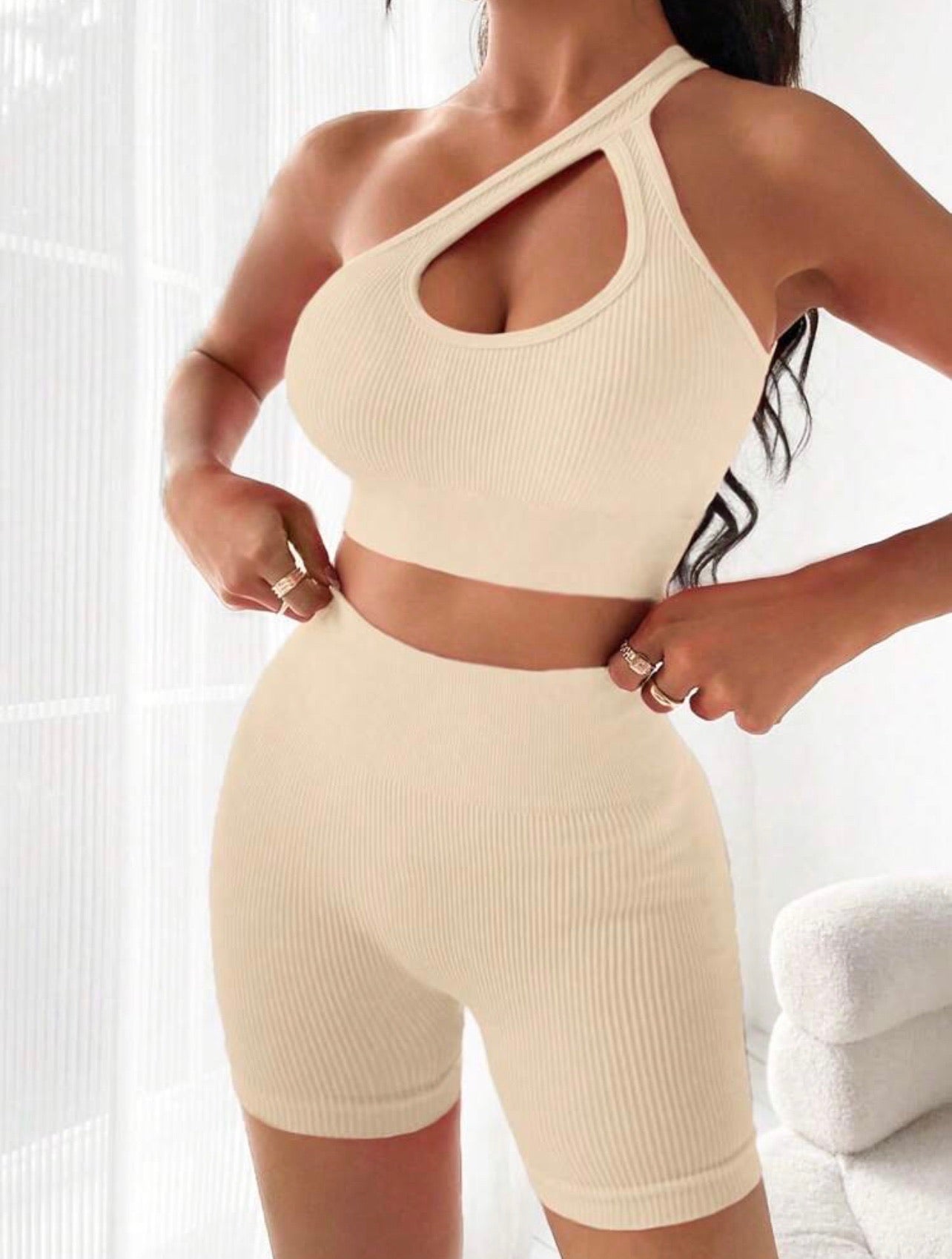 Candie One Shoulder Cut Out Sports Co-ord x Beige