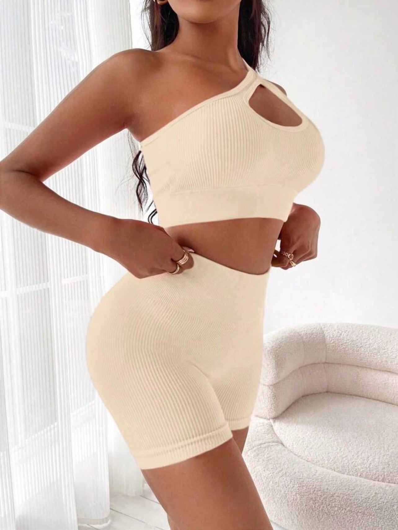 Candie One Shoulder Cut Out Sports Co-ord x Beige