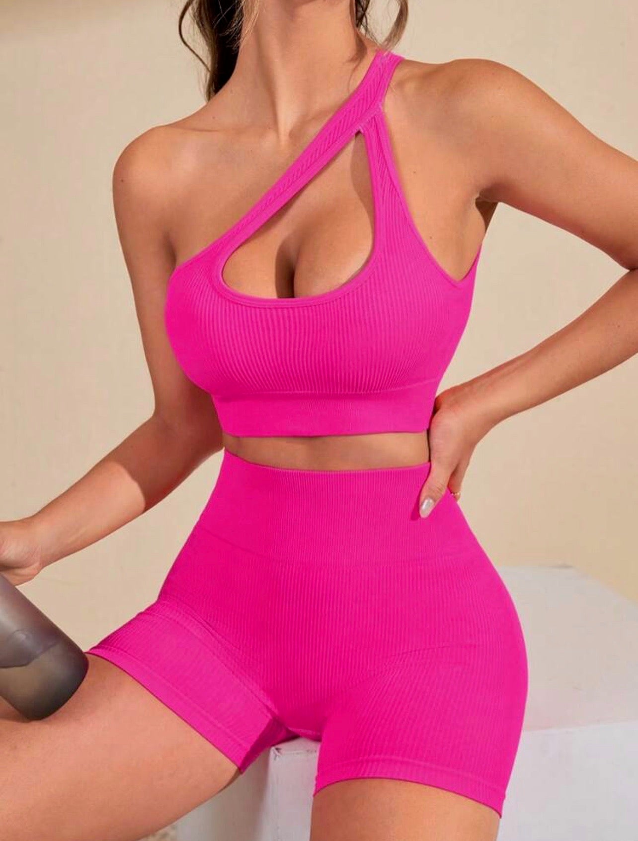 Candie One Shoulder Cut Out Sports Co-ord x Hot Pink