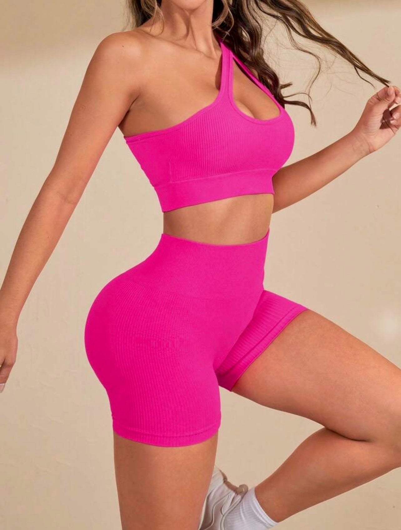 Candie One Shoulder Cut Out Sports Co-ord x Hot Pink