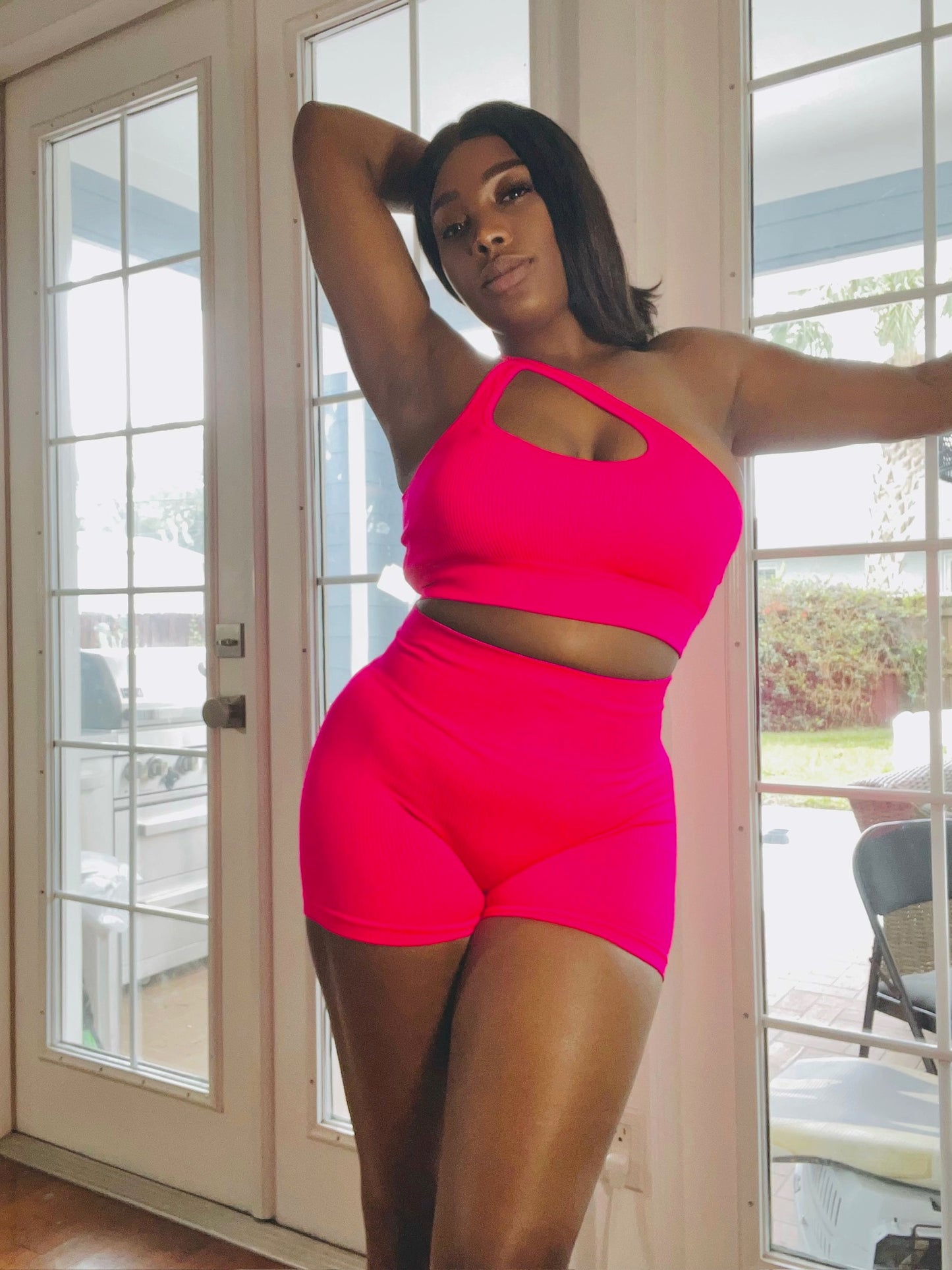 Candie One Shoulder Cut Out Sports Co-ord x Hot Pink