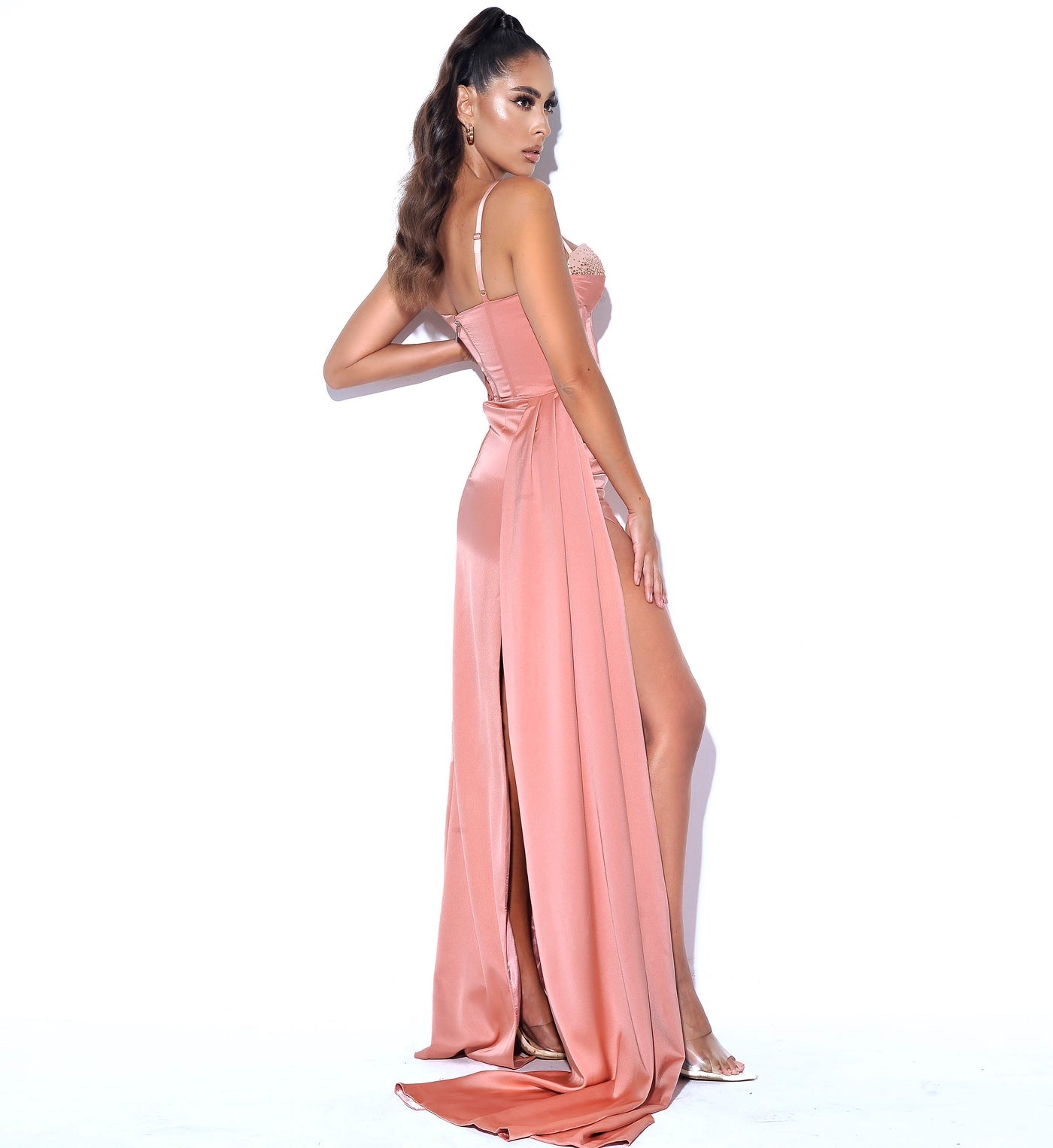 PRE-ORDER Adele Satin High Slit Draping Corset Gown With Crystals x Green x Mint