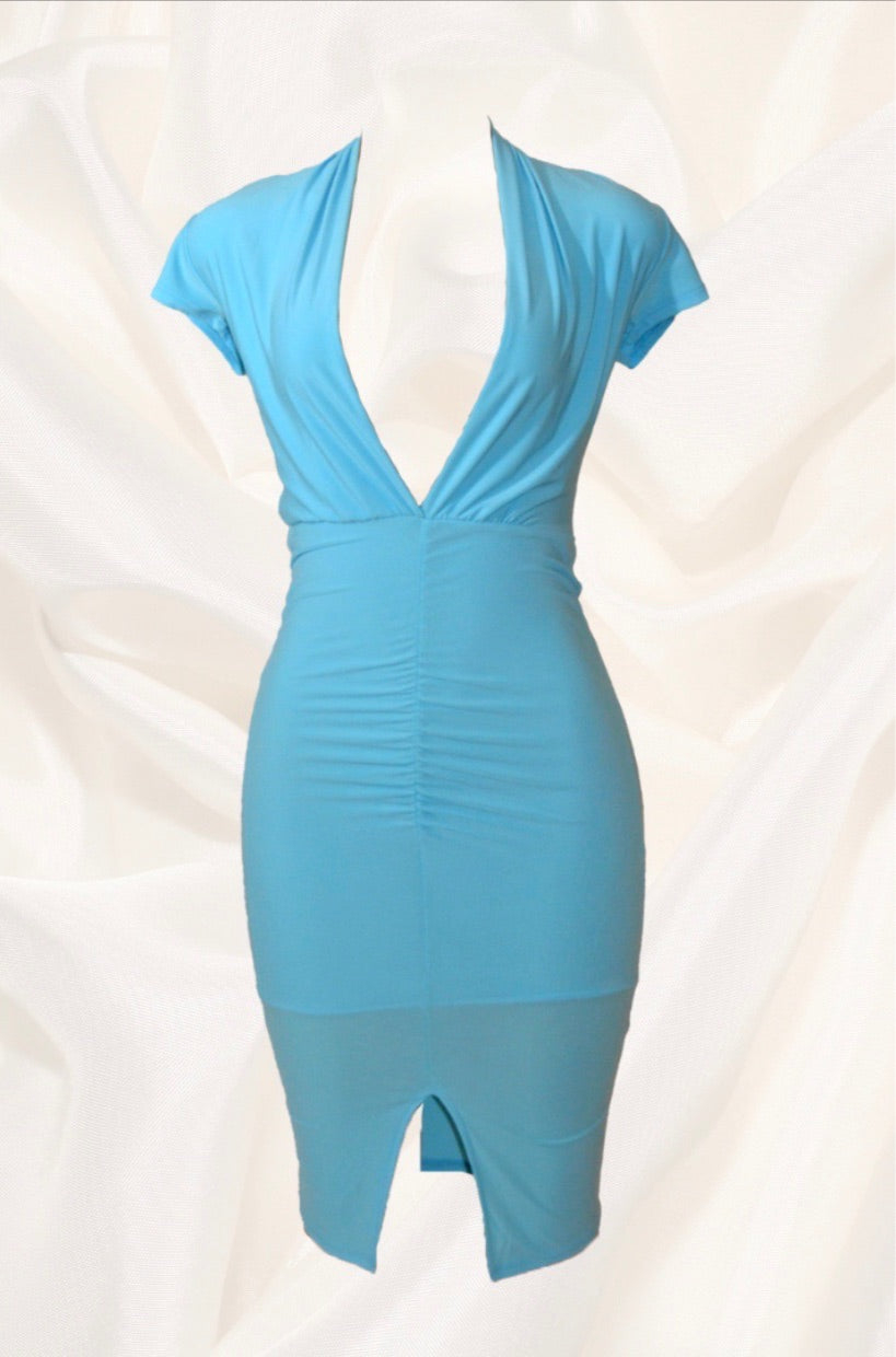 Aurelia Ruched Midi Bodycon Dress - Ocean blue