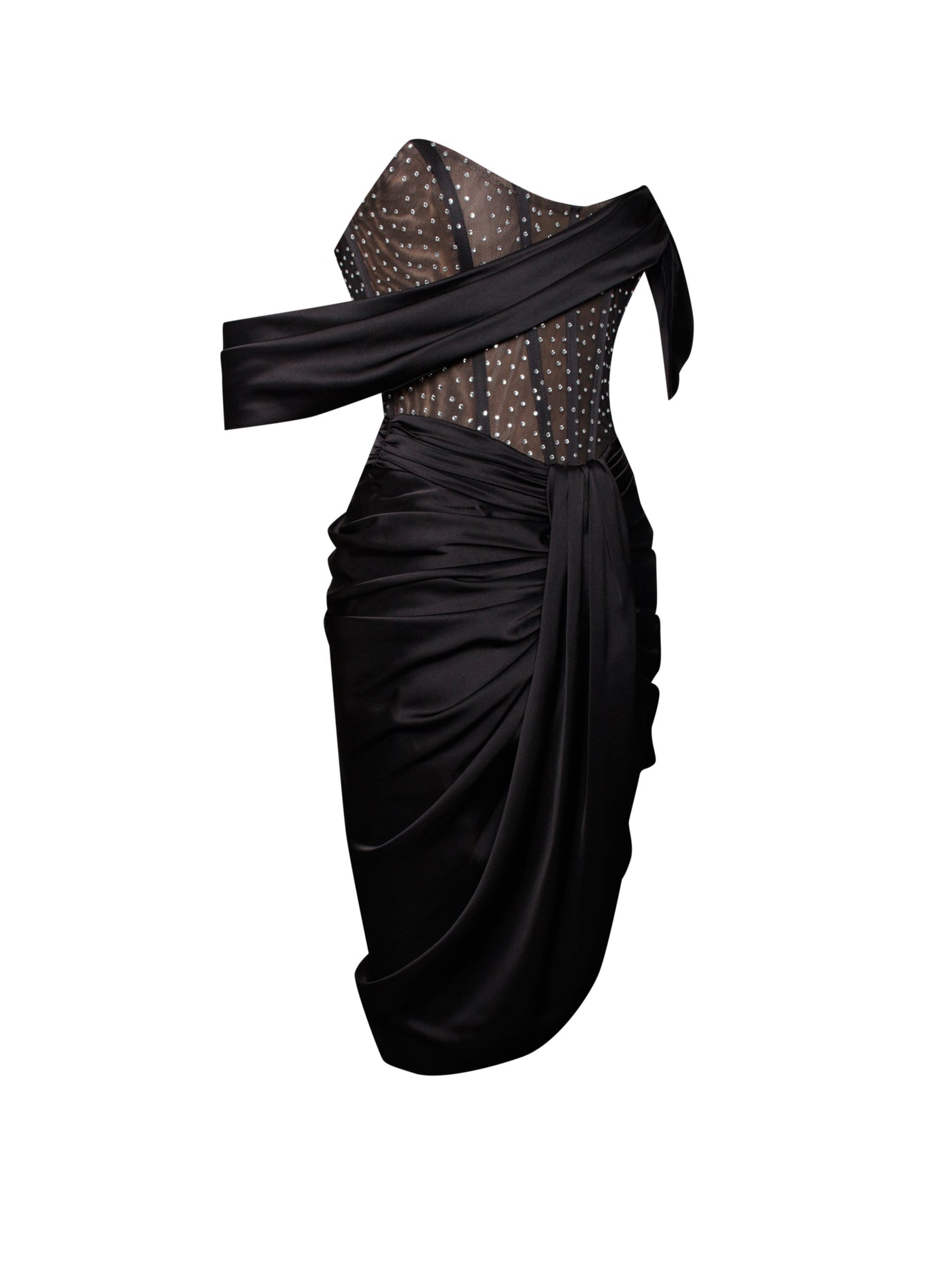 PRE-ORDER Elena Off Shoulder Corset Satin Dress with Crystals x Black