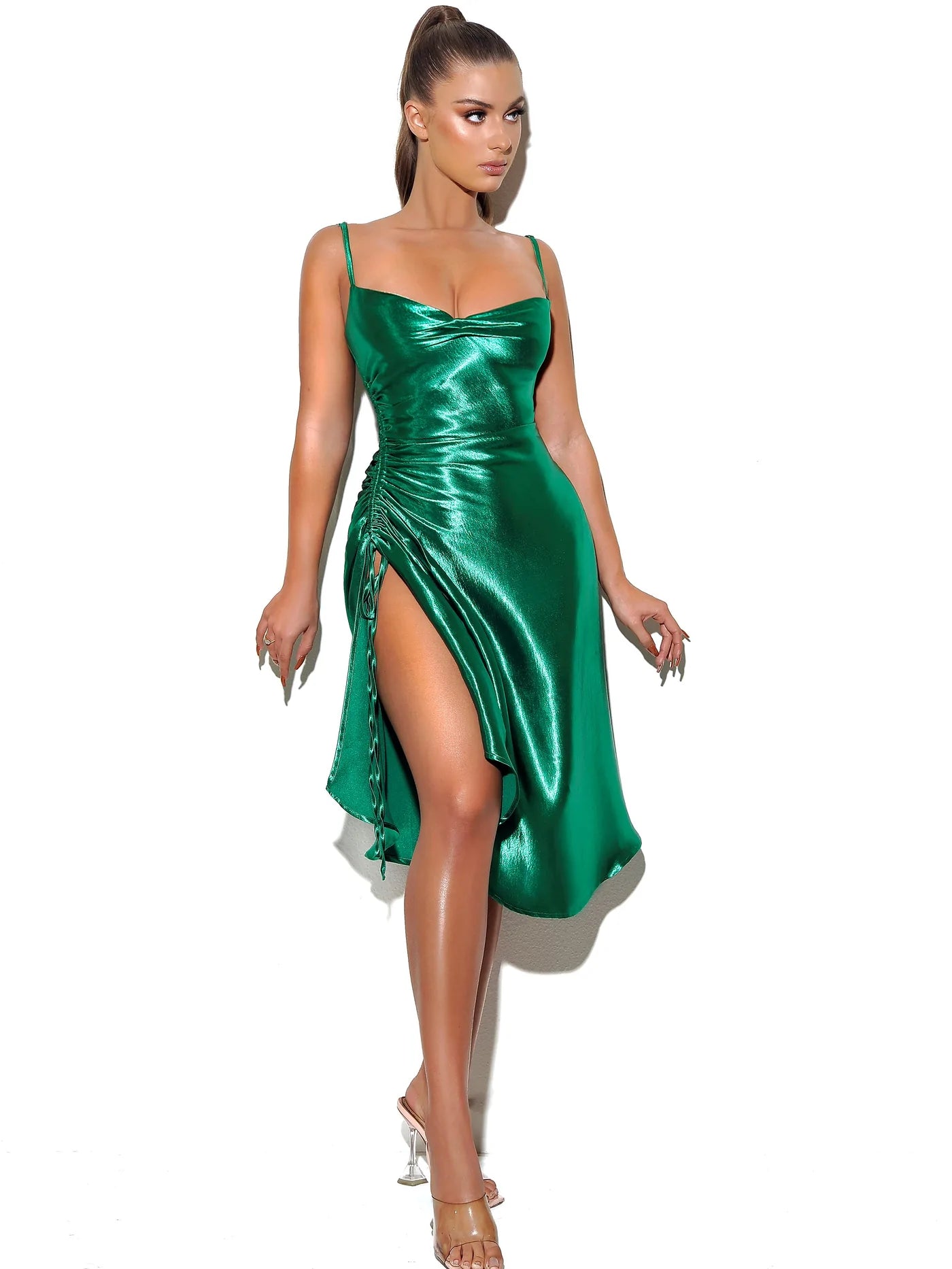 PRE-ORDER Celia Satin Side Slit Dress x Green