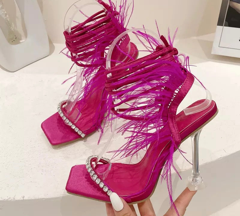 PRE-ORDER Premadonna Feather Rhinestone Strappy Heels