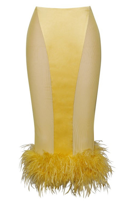 Celeste Feather Trim Satin Mesh Skirt x Yellow