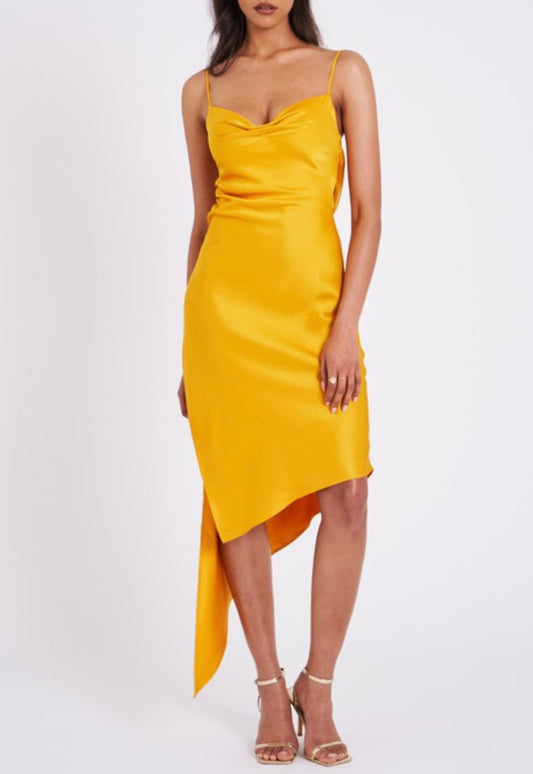 Lana White Satin Draping Midi Dress x Yellow