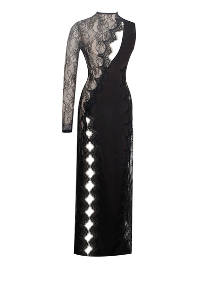 PRE-ORDER Contessa Satin Lace High Slit Dress x Black