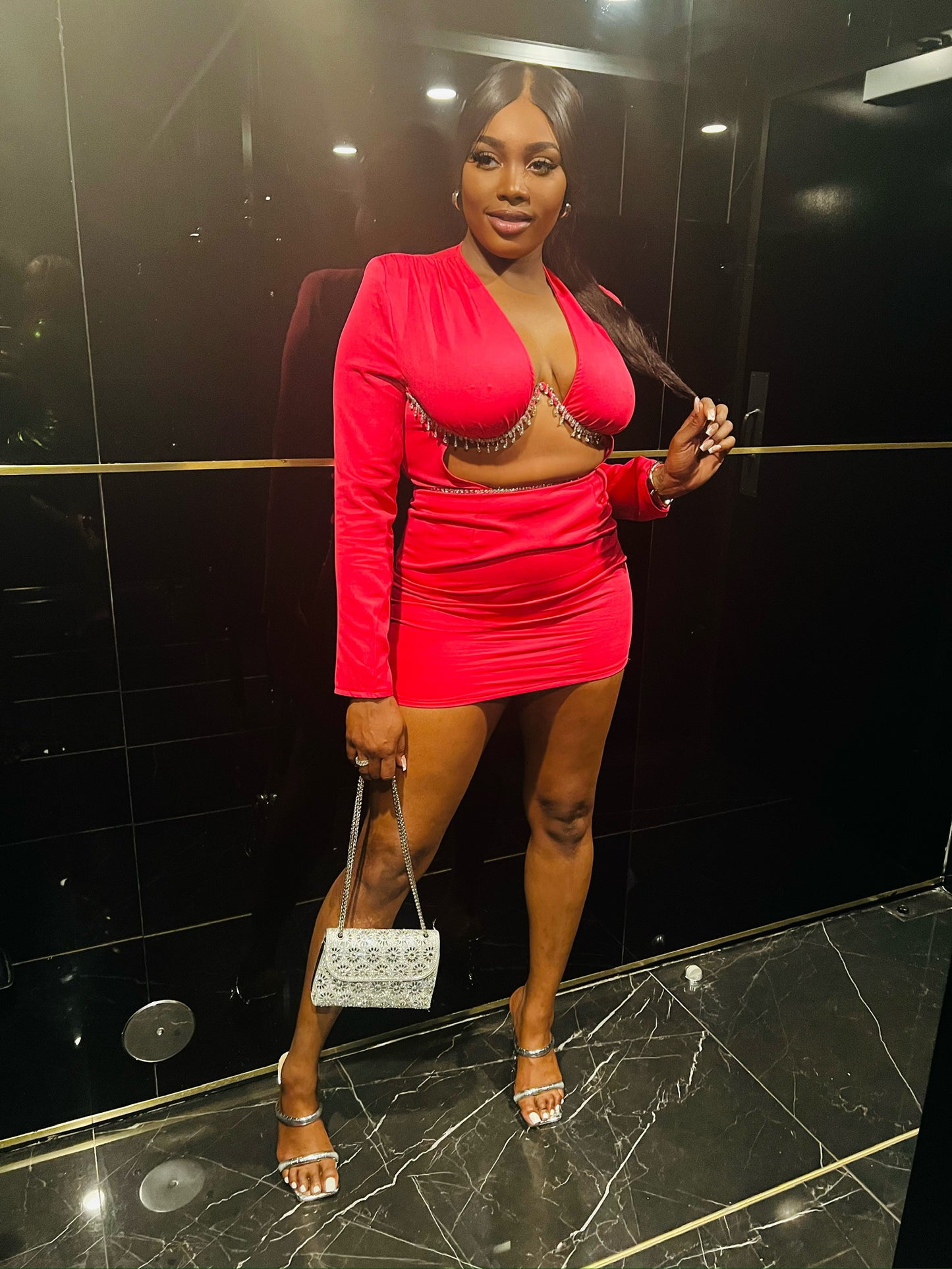Amina Bedazzled Bust Long Sleeved Dress x Hot Pink