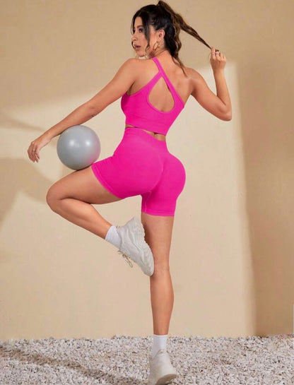 Candie One Shoulder Cut Out Sports Co-ord x Hot Pink