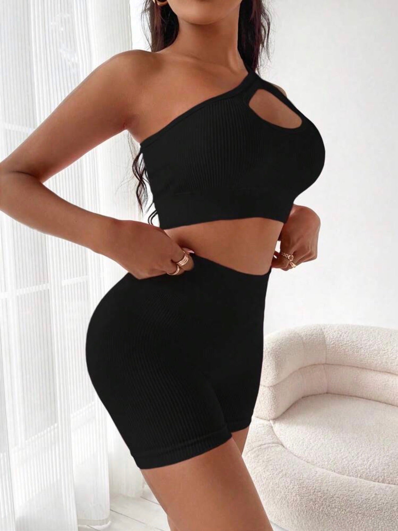 Candie One Shoulder Cut Out Sports Co-ord x Black