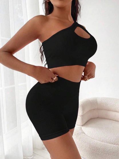 Candie One Shoulder Cut Out Sports Co-ord x Black