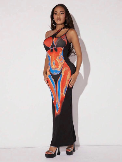 Rio Body Heat One Shoulder Cut Out Maxi Dress x Black