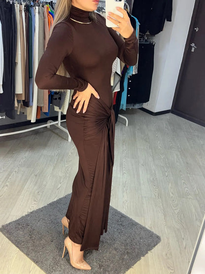 PRE-ORDER Florence Long Sleeved High Neckline Ribbon-Tie Bodycon Dress