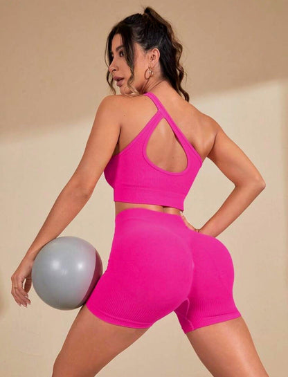 Candie One Shoulder Cut Out Sports Co-ord x Hot Pink