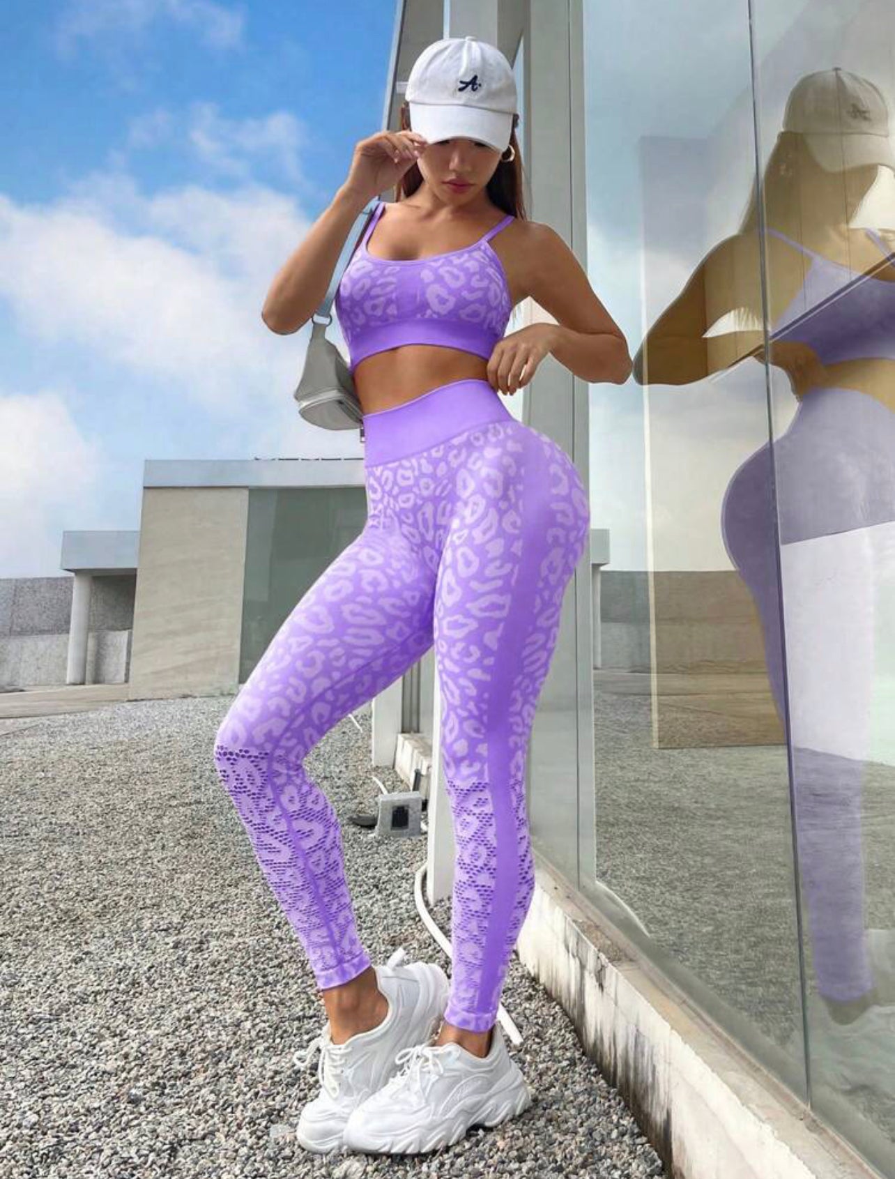 PRE-ORDER Yessica Leopard Print Scrunch Bottom Seamless Gym Set x Purple