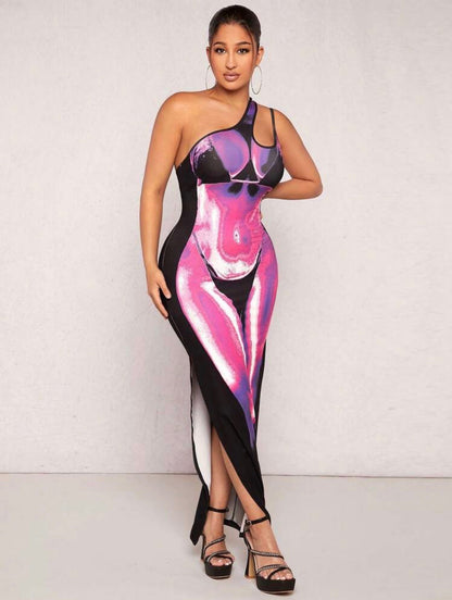Rio Body Heat One Shoulder Cut Out Maxi Dress x Pink