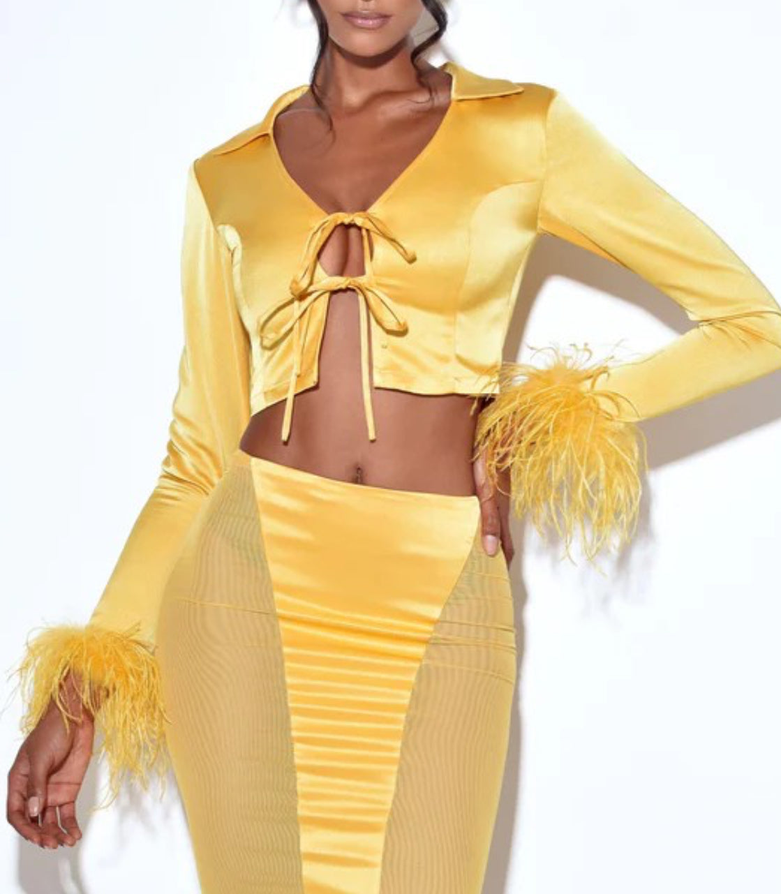 Celeste Feather Trim Satin Mesh Skirt x Yellow