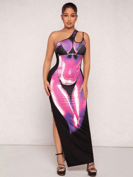 Rio Body Heat One Shoulder Cut Out Maxi Dress x Pink