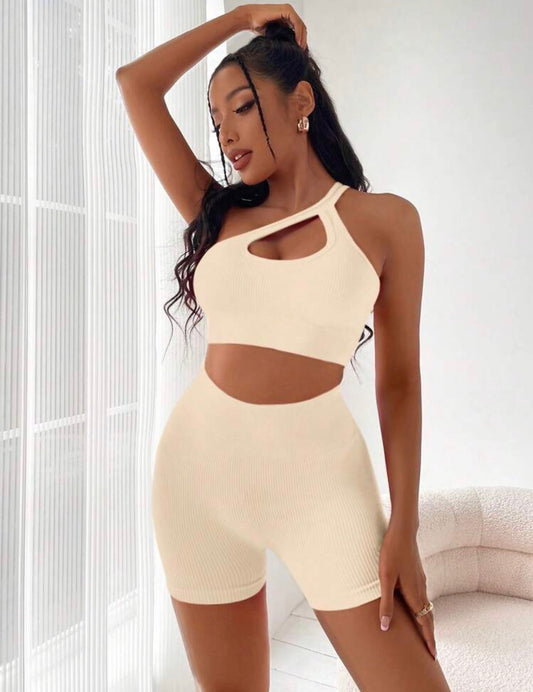 Candie One Shoulder Cut Out Sports Co-ord x Beige
