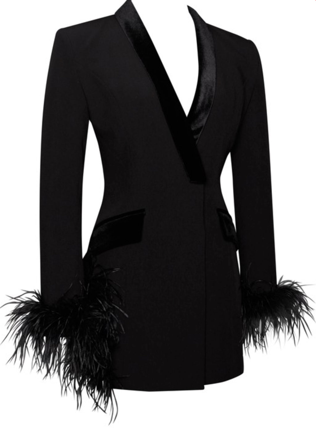 PRE-ORDER Natti Feather Trim Blazer Dress x Black