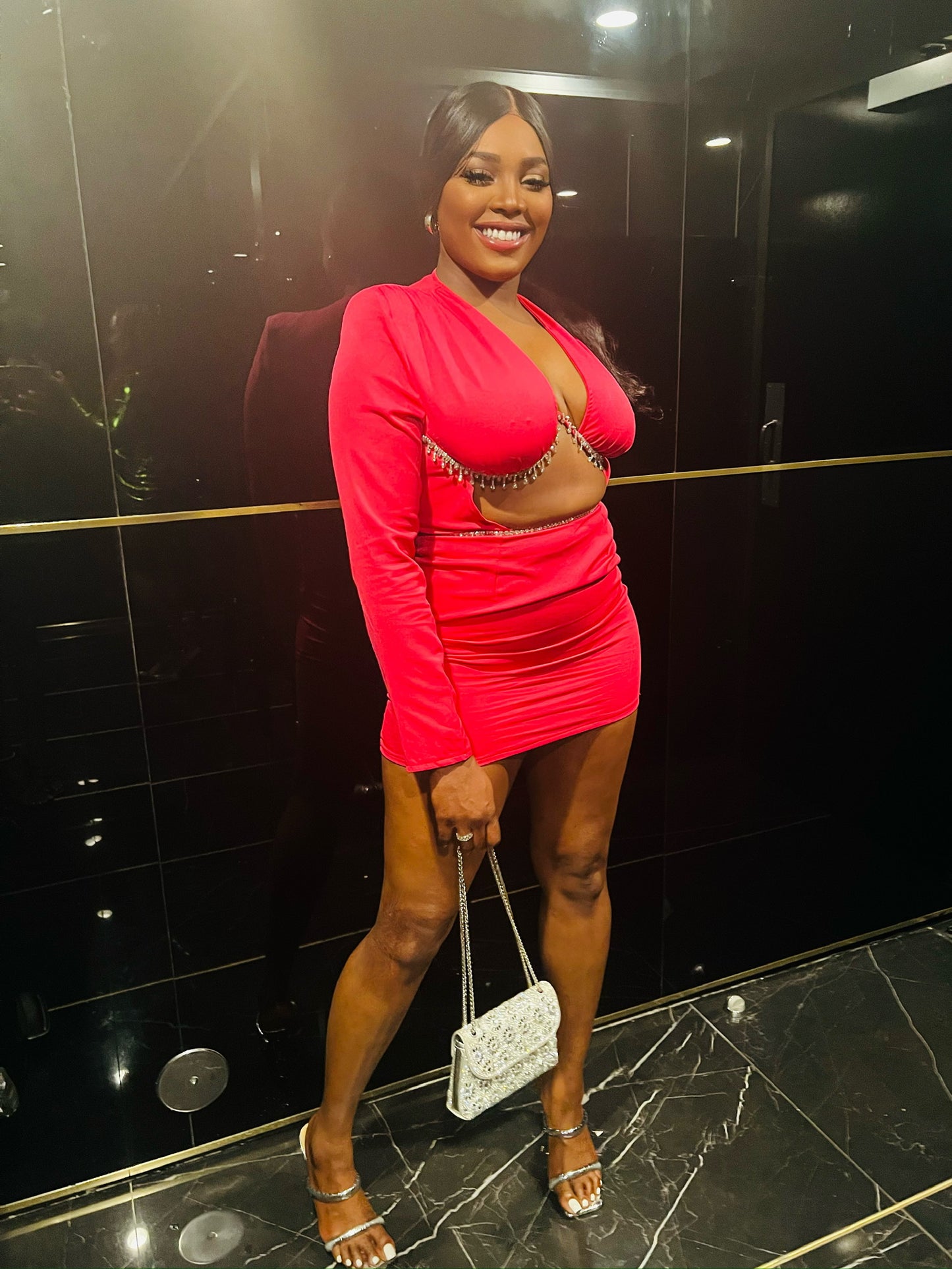 Amina Bedazzled Bust Long Sleeved Dress x Hot Pink