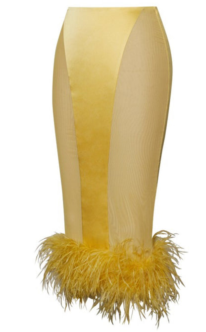 Celeste Feather Trim Satin Mesh Skirt x Yellow