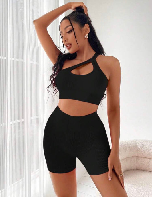Candie One Shoulder Cut Out Sports Co-ord x Black
