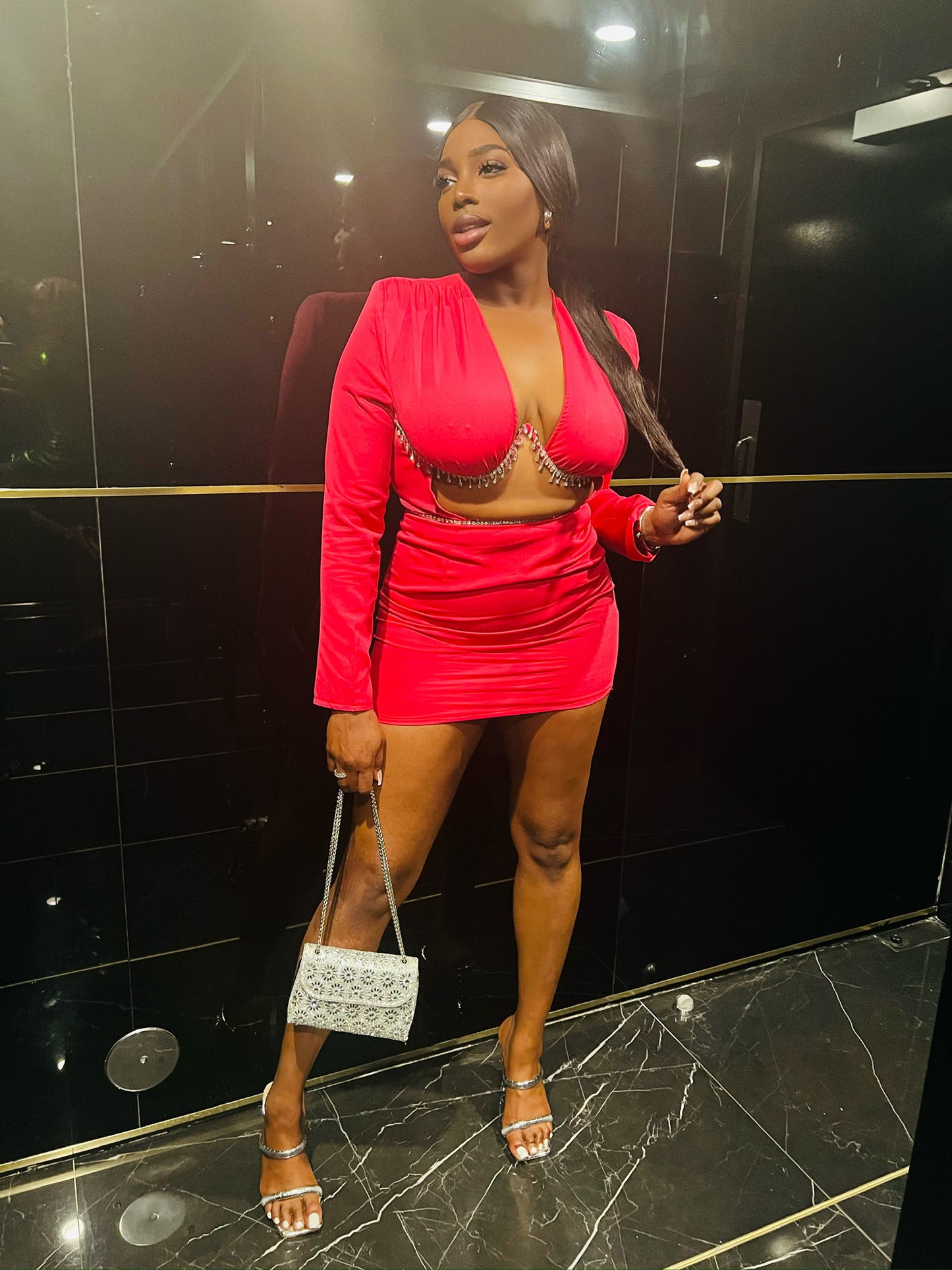 Amina Bedazzled Bust Long Sleeved Dress x Hot Pink