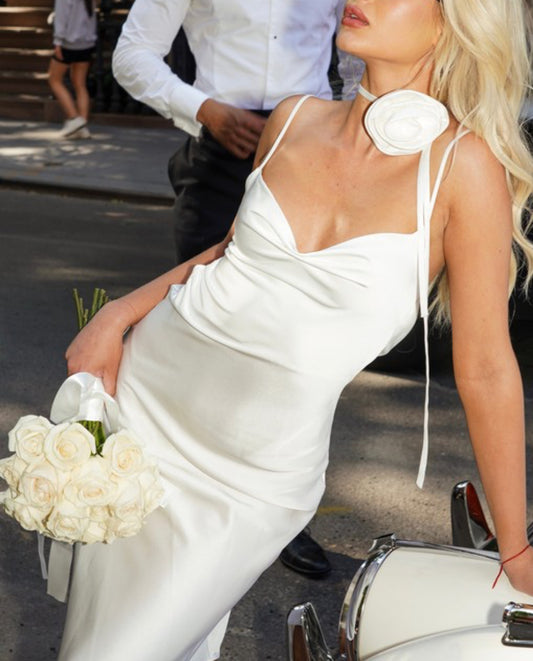 Lana White Satin Draping Midi Dress x White