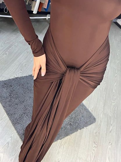 PRE-ORDER Florence Long Sleeved High Neckline Ribbon-Tie Bodycon Dress