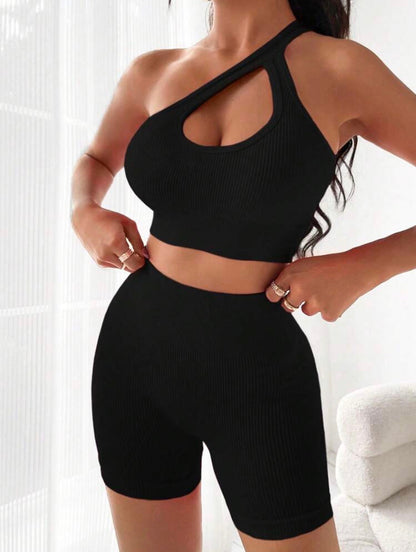 Candie One Shoulder Cut Out Sports Co-ord x Black