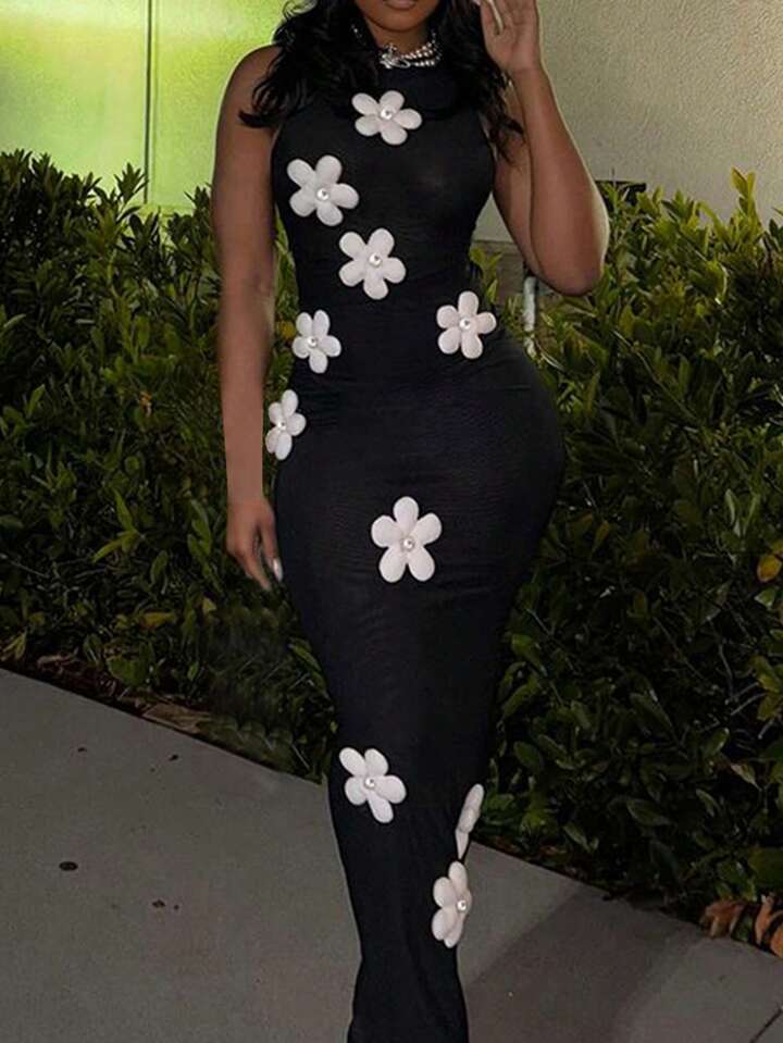 Cynthia 3D Flower Cutout Backless Dress x Black