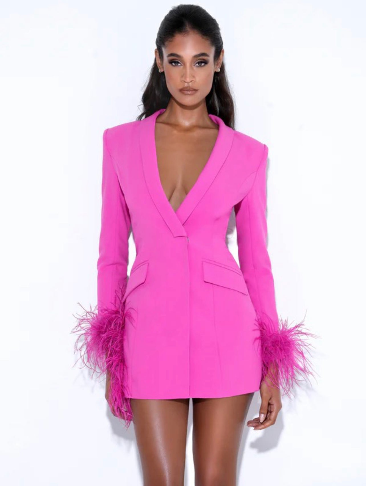 PRE-ORDER Natti Feather Trim Blazer Dress x Pink