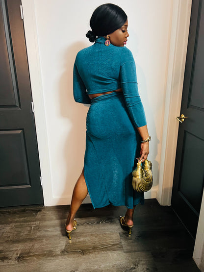 Taraji Cropped Long Sleeve & Thigh Split Skirt Co-ord x Teal