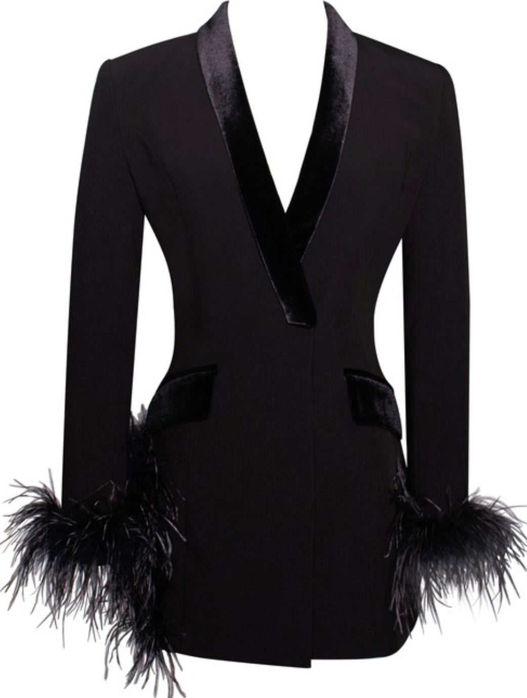 PRE-ORDER Natti Feather Trim Blazer Dress x Black