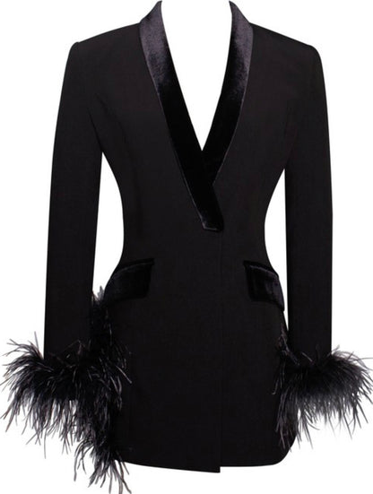 PRE-ORDER Natti Feather Trim Blazer Dress x Black