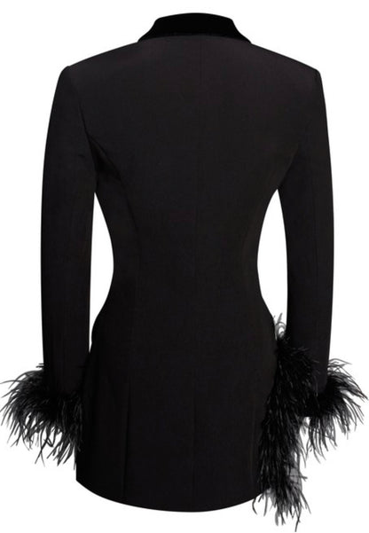 PRE-ORDER Natti Feather Trim Blazer Dress x Black