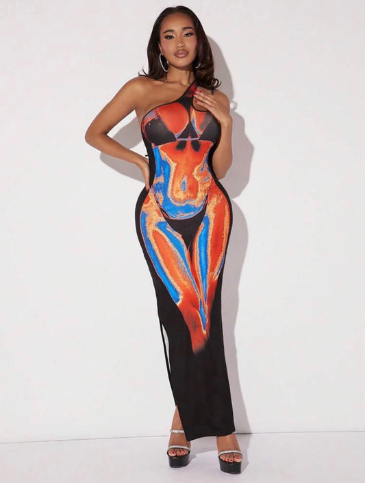 Rio Body Heat One Shoulder Cut Out Maxi Dress x Black