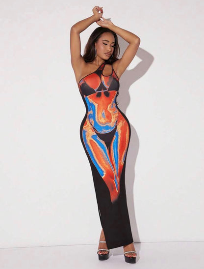Rio Body Heat One Shoulder Cut Out Maxi Dress x Black