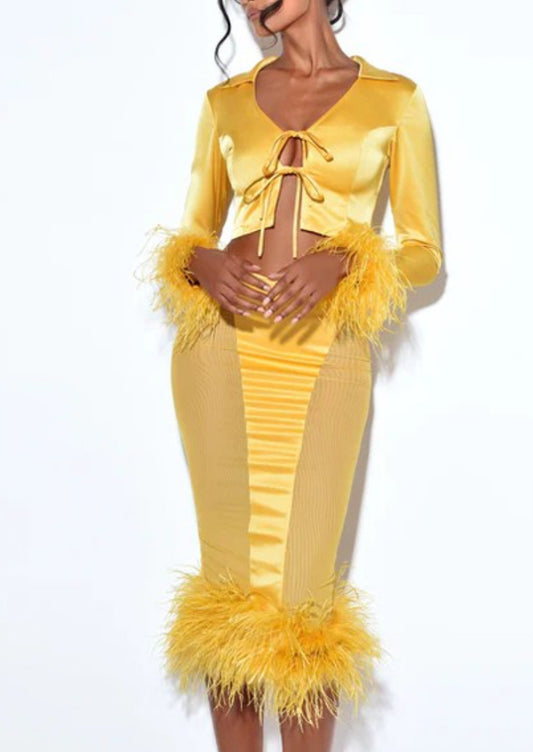 Celeste Feather Trim Satin Mesh Skirt x Yellow