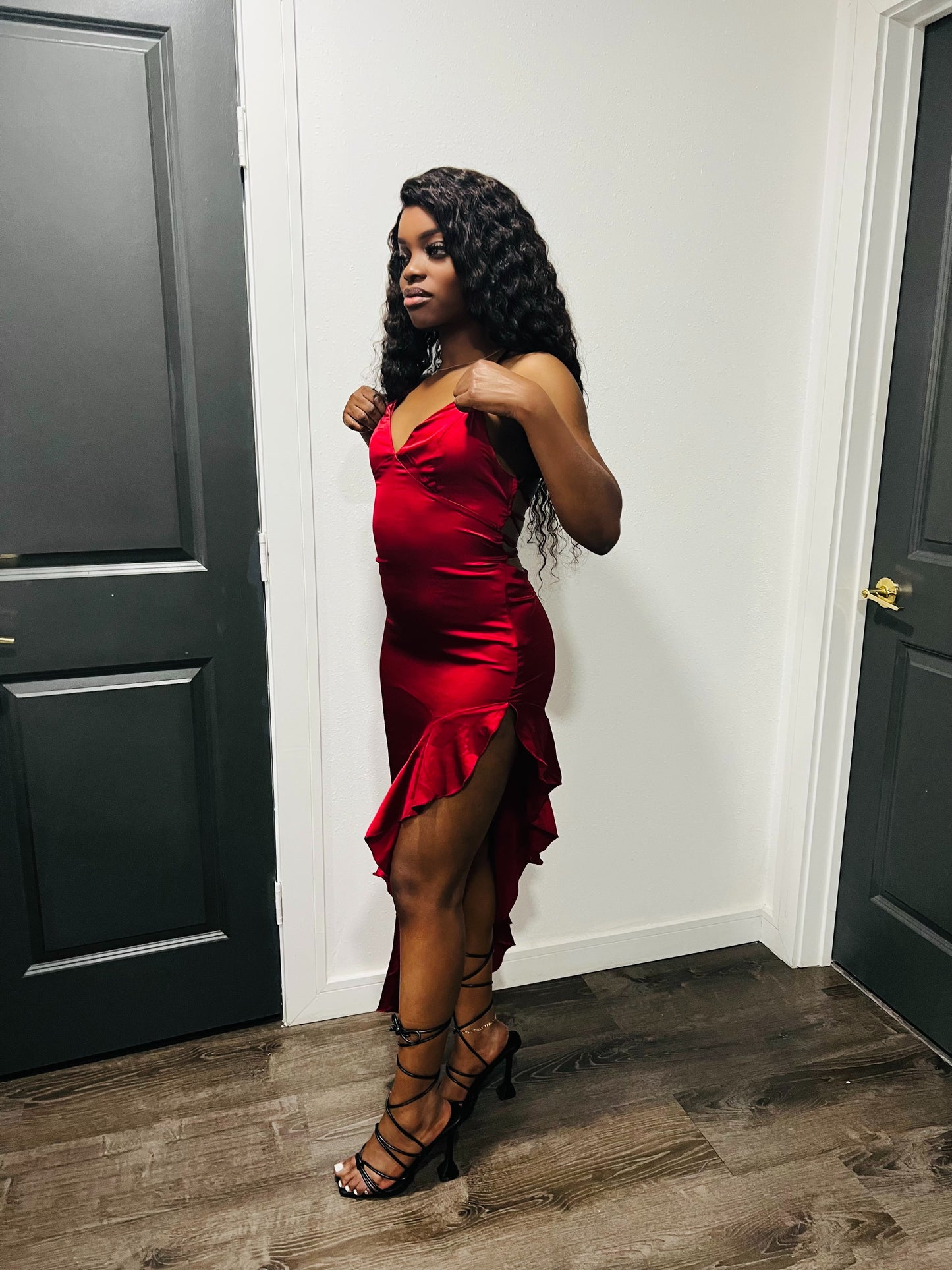 Rosalinda Halter Ruffled Hem Gown x Red