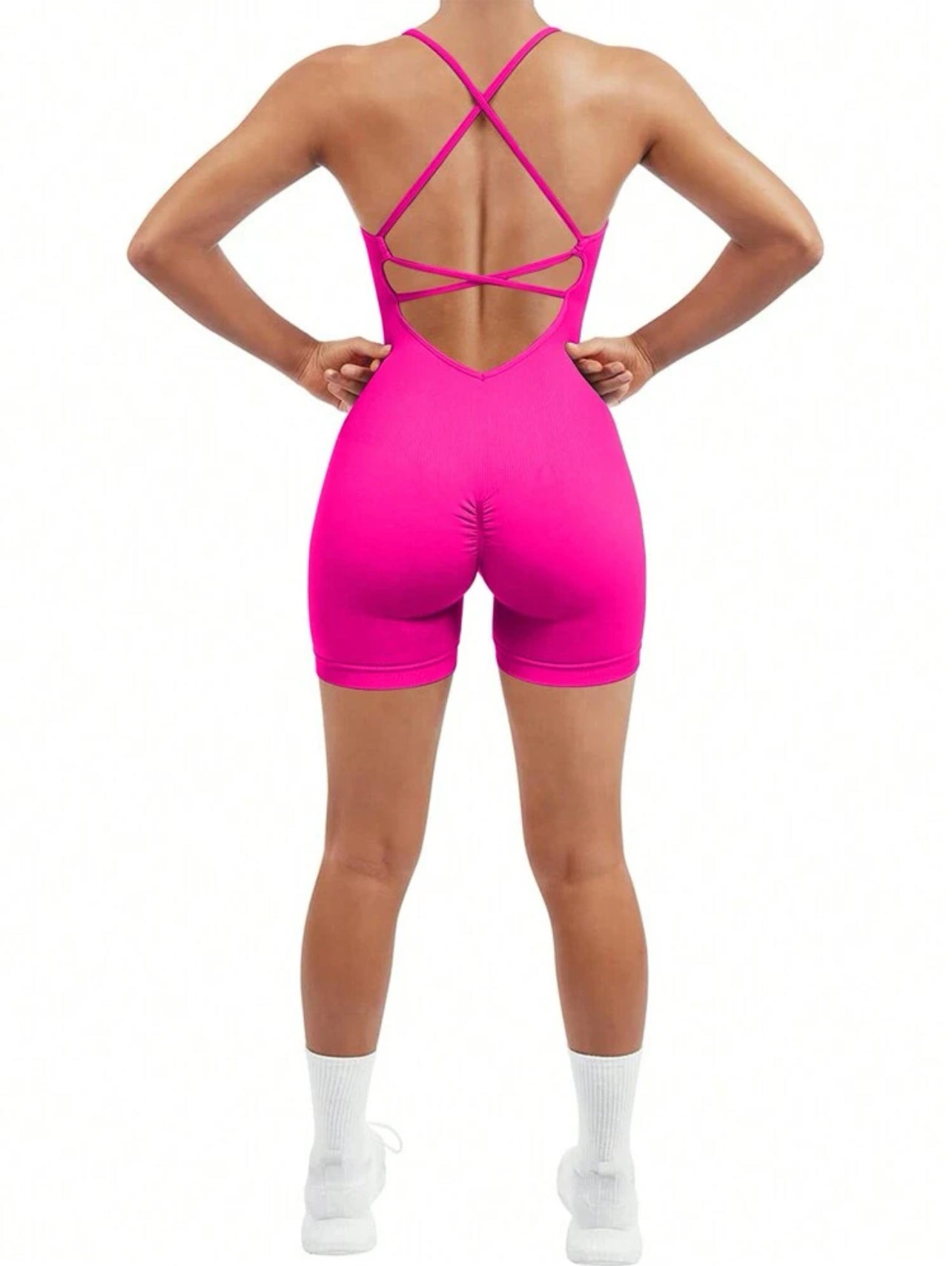 Sara Criss-Cross Backless Cinched Romper X Hot Pink