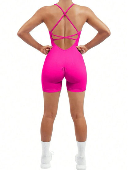 Sara Criss-Cross Backless Cinched Romper X Hot Pink