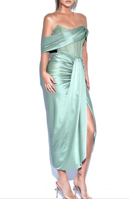 Melina Off Shoulder Crystal Corset Satin Gown x Mint