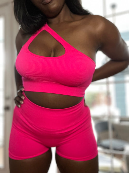 Candie One Shoulder Cut Out Sports Co-ord x Hot Pink