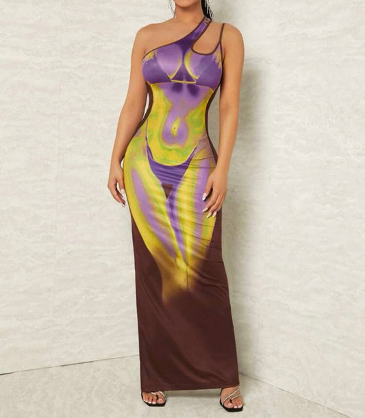 Rio Body Heat One Shoulder Cut Out Maxi Dress x Purple